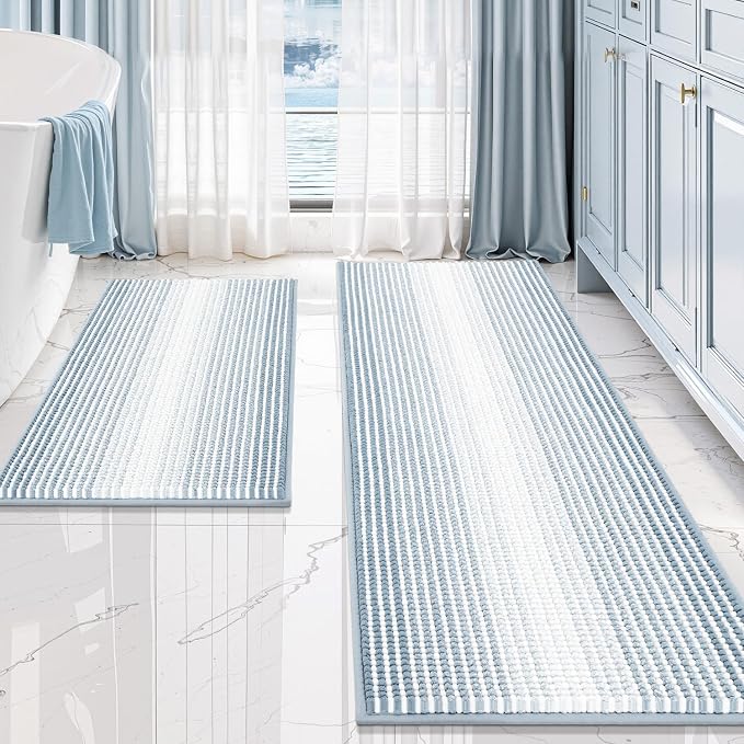 BSICPRO Bathroom Rugs and Mats Sets, 2 Piece Thick Absorbent Chenille Bath Mat Rug Set Non Slip, Soft Shaggy Bath Room Floor Mats for Bathroom, Machine Washable (20" x 60" Plus 20" x 32",Ice Blue)