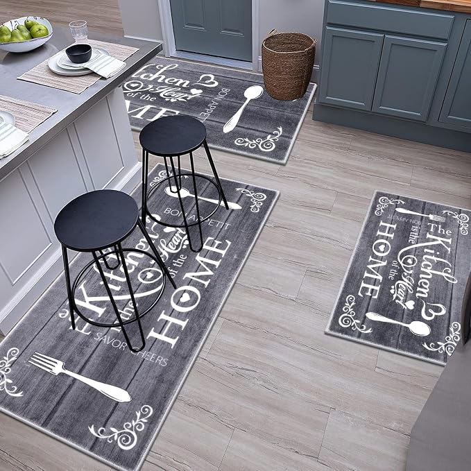 Vaukki Boho Kitchen Rug Sets 3 Pieces, Washable Kitchen Mats for Floor, Non Slip Soft Kitchen Area Rug Floor Mat for Kitchen, Laundry Room and Hallway (Grey, 20''x32''+20''x47''+20''x59'')
