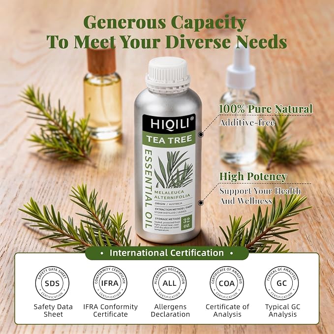 HIQILI Tea Tree Oil 32 Fl Oz, for Skin, Hair, Nail, Diffuser, Soap Making, Includes Four Portable Decanters
