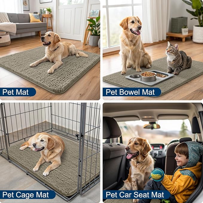 Smiry Dog Door Mat for Muddy Paws 36x24, Absorbent Dirt Trapper, Non-Slip Washable Chenille Entryway Rug for Inside Floor, Warm Taupe, Classic Solid