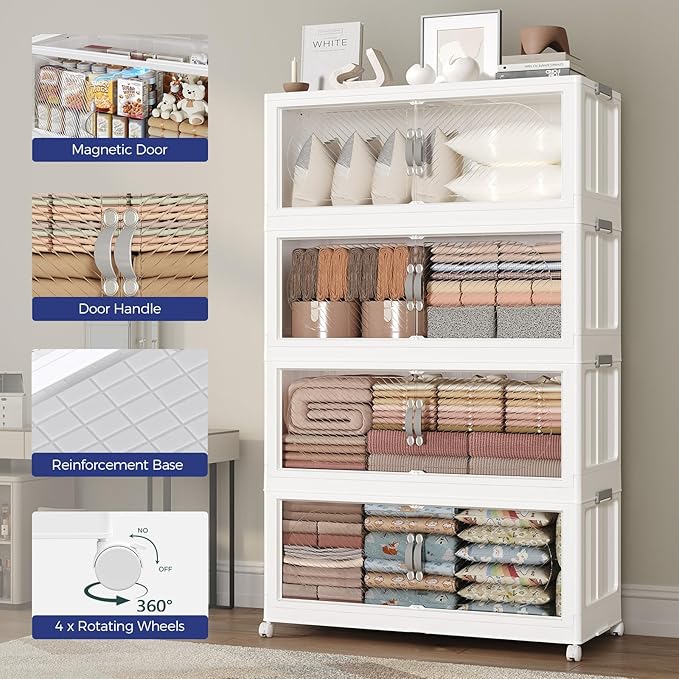 240QT Extra Large Stackable Storage Bins with Lid, 60Gal Plastic Closet Organizers and Storage Drawer, Collapsible Cabinet Box with Wheels Clear Doors for Home Kitchen Office, 4Pack White