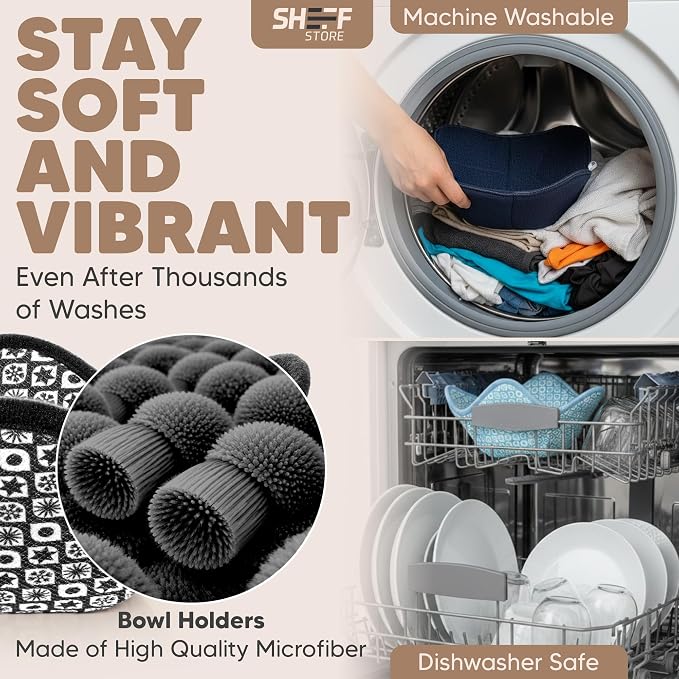 Sheff Microwave Bowl Cozy Holders Set of 4 - Durable and Reliable for Hot and Cold Plates and Dishes - Ideal Household Gift (Black and White, 7 inch)