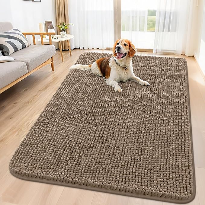 Smiry Dog Door Mat for Muddy Paws 59x35, Absorbent Dirt Trapper, Non-Slip Washable Chenille Entryway Rug for Inside Floor, Camel, Classic Solid