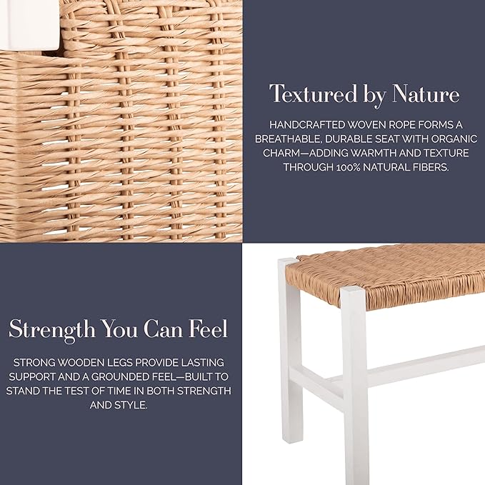 Alaterre Furniture Newport 40 Inch Solid Wood Entryway Bench - Modern Farmhouse Indoor Decorative Bench with Handcrafted Woven Rope Seat - Furniture for Entryway, Dining Room, or Kitchen (White)
