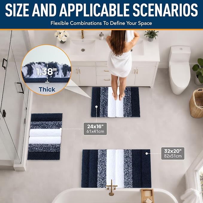XIYUNTE Thick Bathroom Rug Set of 2 Piece, 32"x20"+24"x16" Extra Soft Microfiber Blue and White Bath Rugs, Quick Dry Super Absorbent Rubber Backing Non Slip Washable Bath Mats for Floor Tub Shower
