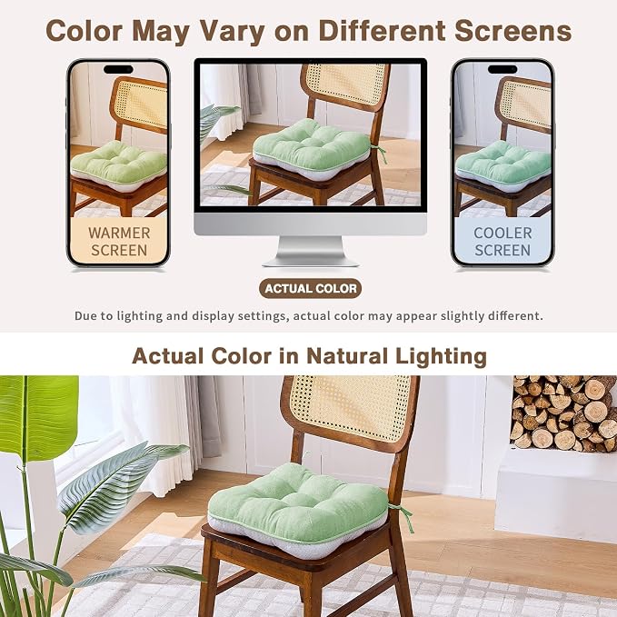 BETU Chair Cushions for Dining Chairs Set of 6,3.5" Thick Kitchen Table Chair Pads with Ties,Non Slip Backing and Covers, Home Decor Seat Cushion for Dining Room,Bar,Patio Chairs15.5"X15.5"X3.5"Green