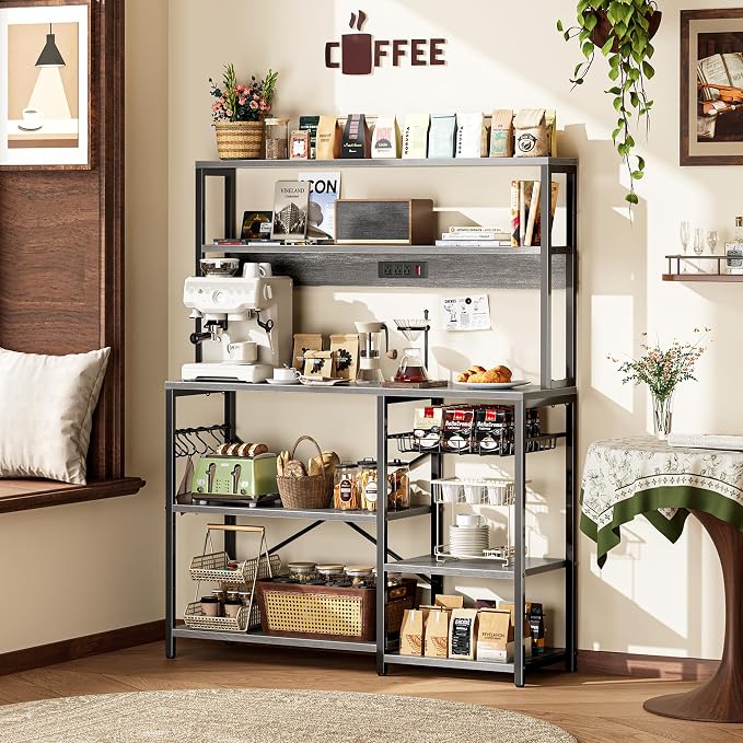 SUPERJARE Bakers Rack with Power Outlet, 47.2 Inches Coffee Bar with 3 Level-Adjustable Open Shelves, Wire Basket, Kitchen Microwave Stand with 6 S-Shaped Hooks, Grey