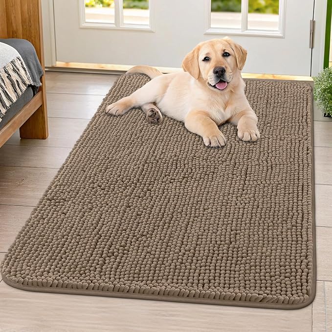 Smiry Dog Door Mat for Muddy Paws 40x32, Absorbent Dirt Trapper, Non-Slip Washable Chenille Entryway Rug for Inside Floor, Camel, Classic Solid