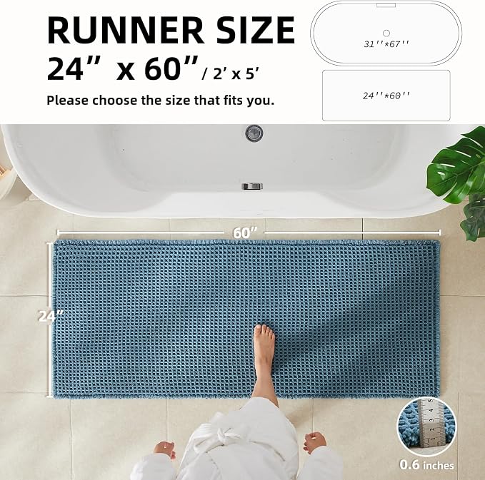 TYUU Waffle Runner Rug Bathroom, Long Boho Bathroom Rugs Non Slip Washable Super Absorbent Quick Dry Farmhouse Bath Decor, 60"x24" Denim Blue