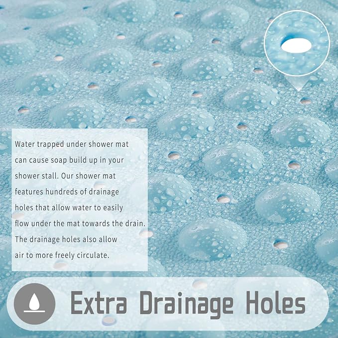 Yimobra Shower Stall Mat Non Slip, 21X21 Inch, Soft Square Bath Mat for Shower with Suction Cups and Drain Holes, Stall Floor Mats for Bathroom, Machine Washable, Bathroom Accessories, Light Blue