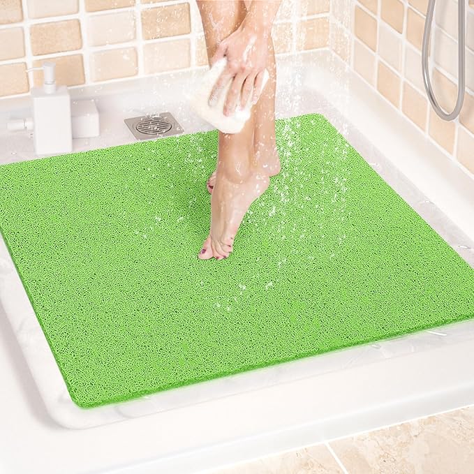 LuxStep Shower Mat Bathtub Mat,24x24 inch, Non-Slip Bath Mat with Drain, Quick Drying PVC Loofah Bathmat for Tub,Shower,Bathroom (Grass Green)