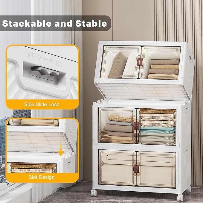UAMFURI Stackable Storage Bins with Lids, 336QT Closet Organizers and Storage with Doors and Wheels, Extra Large Storage Cabinet, Collapsible Plastic Drawers for Bedroom Dorm Office Garage