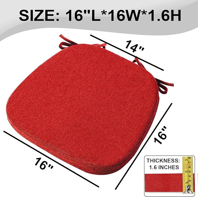 SINOSSO 6 Pack Memory Foam Chair Cushions for Dining Chairs, Friendly Woven Fabric 16" U-Shape Comfortable Kitchen Chair Pads, Removable Slip Resistant Seat Cushions (Set of 6, Red)
