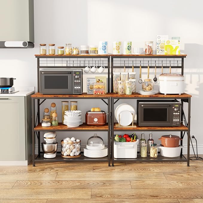 Furologee Kitchen Bakers Rack with Power Outlet,Coffee Stand with Storage 4 Tiers,Coffee Bar Station with a 31.5 Inch Larger Desktop and 8 S Hooks,Kitchen Microwave Rack for Spices,Pots,Rustic Brown