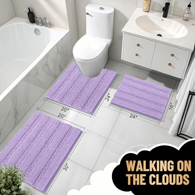 OLANLY Thick Toilet Rugs U-Shaped 24x20, Extra Soft Absorbent Chenille Striped Contour Bathroom Rugs for Toilet, Dry Quickly, Machine Washable, Non-Slip Bath Mat, Lavender