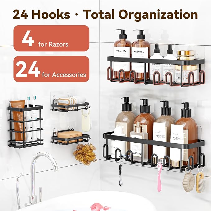 YASONIC Shower Caddy Adhesive, 100% Rustproof Shower Organizer with Soap and Toothbrush Holder, Large Capacity Shower Shelves for Inside Shower, No Drill Shower Storage for Home (5 Pack Black)