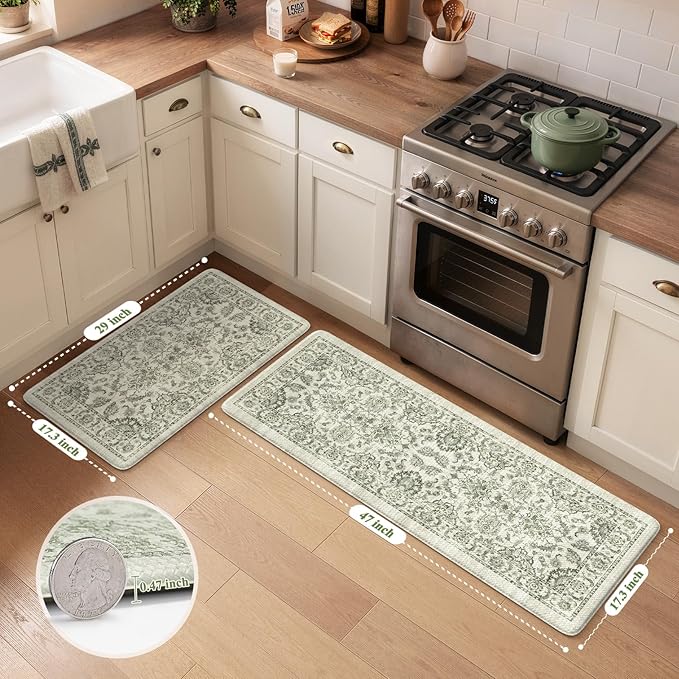 KIMODE Anti Fatigue Kitchen Mat Set, Non Slip Waterproof Kitchen Rug Set of 2, Boho Rugs for Kitchen, Ergonomic Standing Kitchen Sink Mats for Floor, 17"x29.5"+17" x47”, Sage Green
