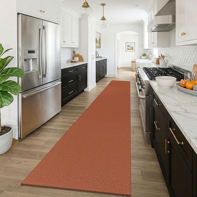 KOZYFLY Orange 2.5'x16' Runners Rugs for Hallway, Extra Long Washable Runner Rug, Woven Non Slip Kitchen Runner, Cotton Entryway Rug, Floor Carpet for Entry, Aisle, Hall, Burnt Orange/Tan