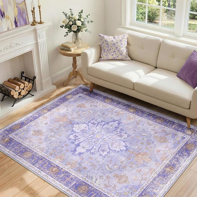 RELEANY Area Rugs 4'x5' Washable Non-Slip, Floral Vintage Distress Medallion Carpet for Living Room Bedroom Dining Room, Light Purple Brown