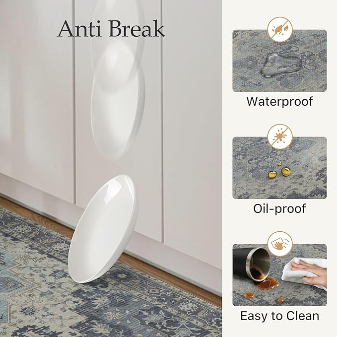 GENIMO Kitchen Mats for Floor, Washable Anti Fatigue Mat for Cushioned, 17.3"x59", Waterproof Kitchen Rugs, Non Slip Foam Comfort Standing Mat Rug for Home, Runner, Sink, Laundry, Center Blue