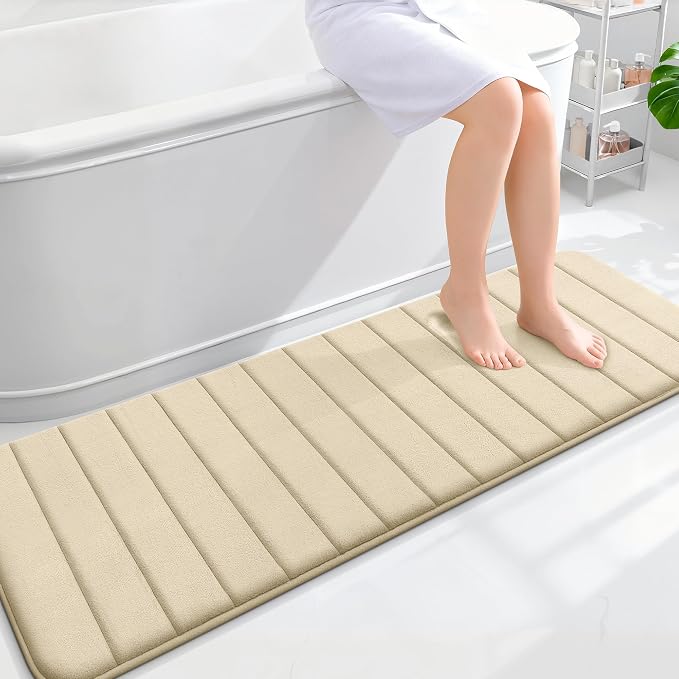 OLANLY Memory Foam Long Bathroom Rugs Runner 59x20, Super Soft Absorbent Bath Mat, Quick Dry, Machine Washable Shower Floor Rugs, Bathmat Carpet, Bathroom Home Decor Accessories, Beige