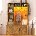 CSZZD Hall Tree with Bench and Shoe Storage, Farmhouse Entryway Bench with Coat Racks and Led Lights, Tall Hall Tree with 7 Coat Hooks, 6 Storage Cubbies, Adjustable Shelf, Rustic