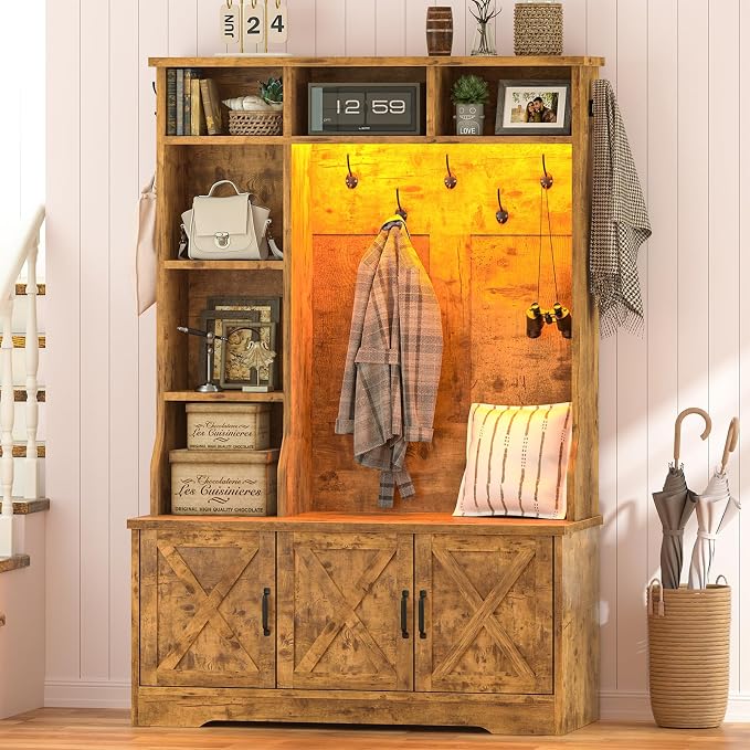 CSZZD Hall Tree with Bench and Shoe Storage, Farmhouse Entryway Bench with Coat Racks and Led Lights, Tall Hall Tree with 7 Coat Hooks, 6 Storage Cubbies, Adjustable Shelf, Rustic