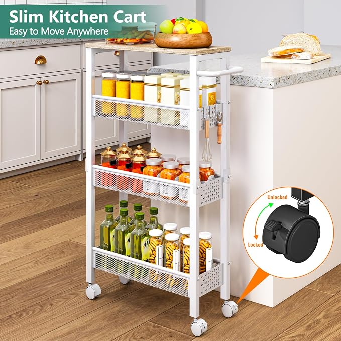 Vivihomety Utility Slim Storage Cart, 4 Tier Small Rolling Kitchen Laundry Room Cart with Wood Top, Metal Bathroom Storage Cabinet Mobile Shelf Unit Organizer Trolley with Handle for Narrow Space