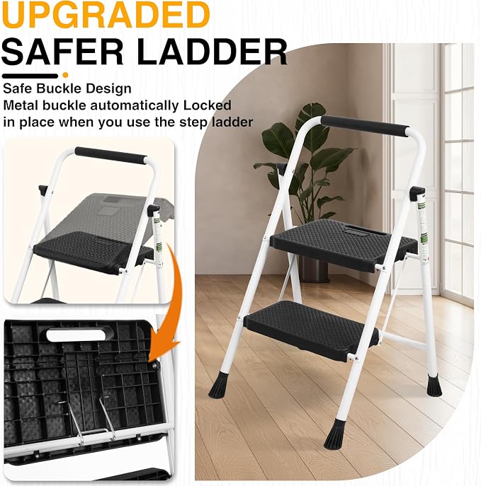 Step Ladder, Portable Steel Folding Step Stool with Wide Anti-Slip Pedal & Convenient Handgrip, Sturdy Steel Ladder, 2-Step, White