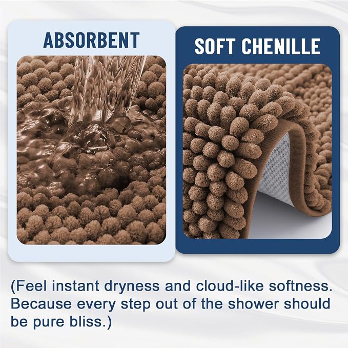 Grandaily Chenille Striped Bathroom Rugs 36x24, Extra Thick and Soft Absorbent Bath Mats, Rubber Backing, Plush Shaggy Shower Carpet, Machine Wash Dry, Bath Rug for Bathroom, Mocha