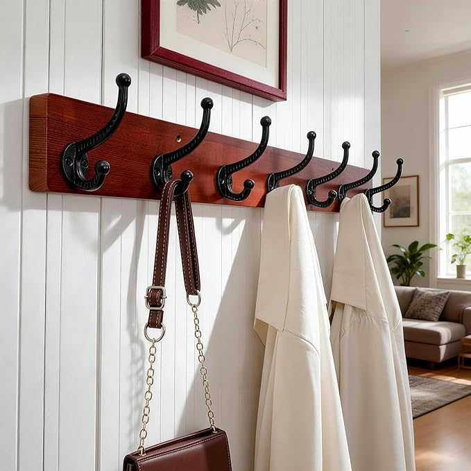 WEBI Rustic Coat Rack Wall Mount,30" Long 7 Cast Iron Coat Hooks Wall Mounted,Heavy Duty Wood Wall Coat Hanger Hooks for Hanging Coats,Jacket,Clothes,Backpack,Farmhouse,Cherry