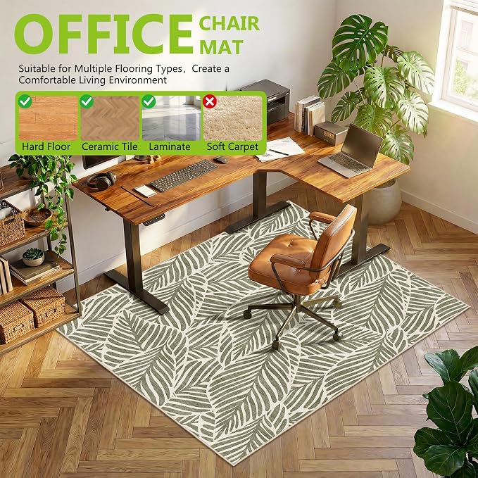 Office Chair Mat for Hardwood Floor & Tile Floor,36"x48"Heavy Duty Desk Chair Mat for Hard Floors, Under Desk Rug for Rolling Computer Chair,Anti Slip,Low Pile Carpet Floor-Green Leaves