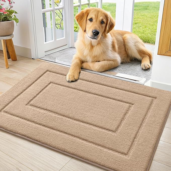 Smiry Dog Door Mat for Muddy Paws, Absorbs Moisture and Dirt, Low-Profile Entryway Mat with Non-Slip Backing, Entry Indoor Outdoor Doormat for Inside Floor (30x20 Inches, Beige, Bordered)