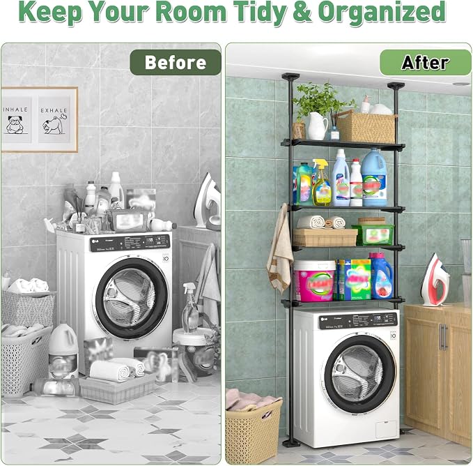 SUNALLY Over The Toilet Storage Shelf, 4-Tier Adjustable Over Toilet Bathroom Organizer,Tension-Mounted Bathroom Storage Rack for Ceilings, No Drill Space-Saving Shelving for Small Rooms,Black