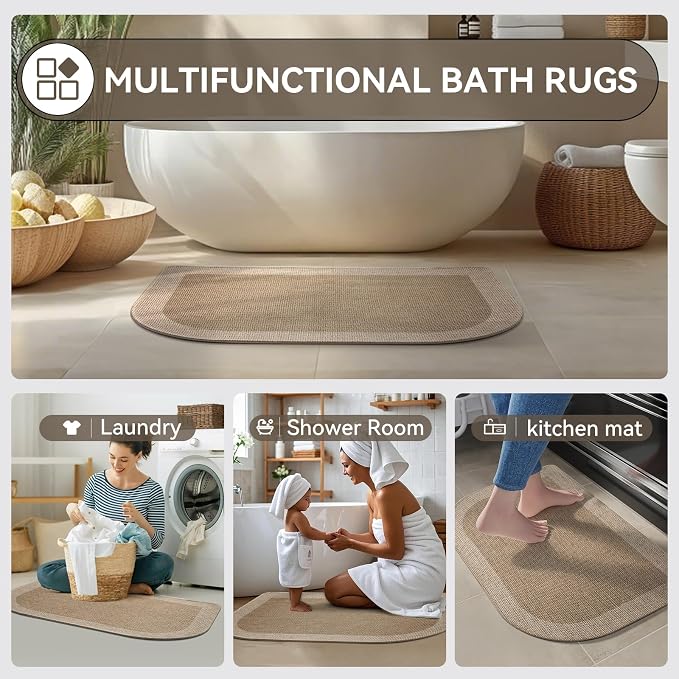 YDKGL Half Circle Bath Mat, Non Slip Bath Mat, Thin Bathroom Rugs Fit Under Door Quick Dry Absorbent Washable Bathroom Mat with Rubber Backing, Brown Beige 16x24