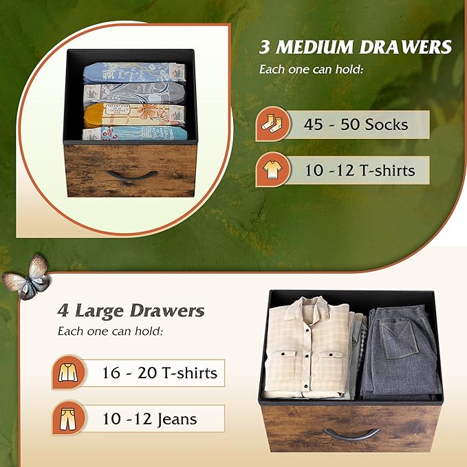 WLIVE 7 Drawer Dresser TV Stand, Entertainment Center, Media Console Table with Metal Frame and Wood Top for TV up to 45 inch, Chest of Drawers for Bedroom, Living Room, Rustic Brown Wood Grain Print