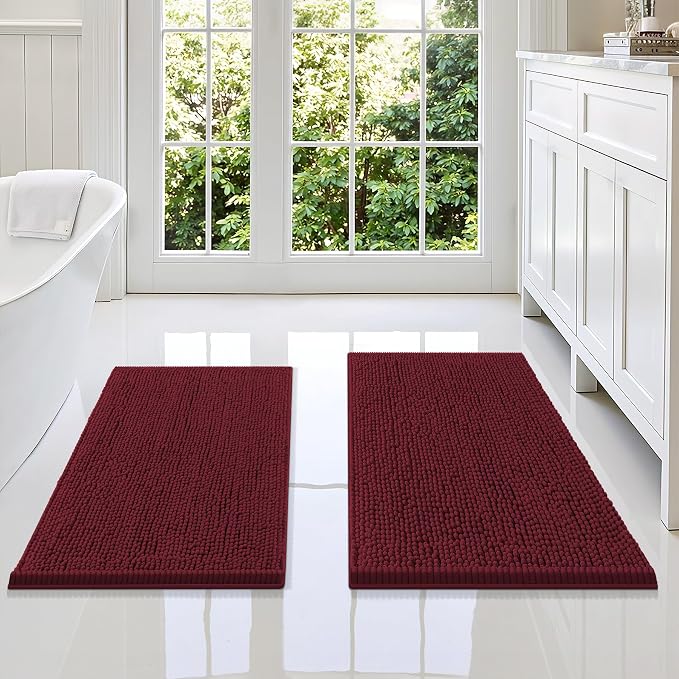 Smiry Bathroom Rugs Sets 2 Piece, Soft Absorbent Chenille Machine Washable Non Slip Shaggy Bath Rug Set for Tub, Shower, and Floor (34x21+30x20, Burgundy)