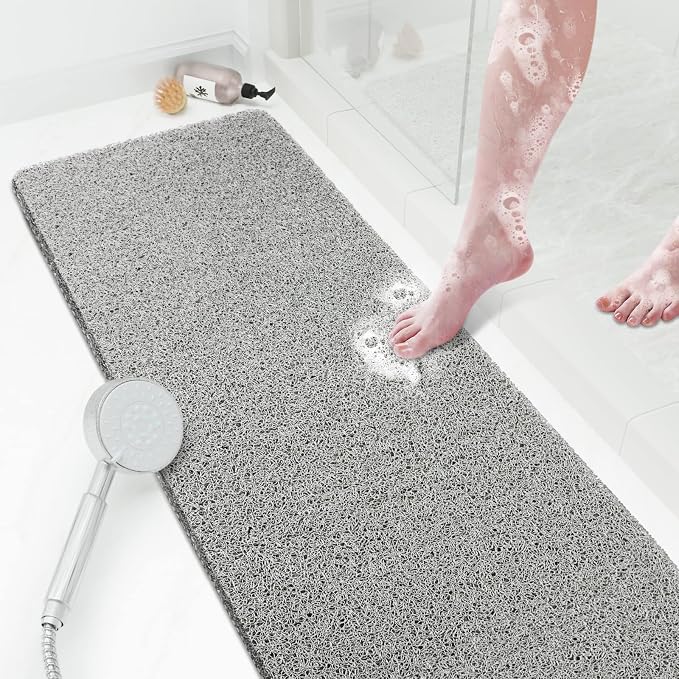 Shower Mat Bathtub Mat Non-Slip,47x16 inch, Soft Tub Mat with Drain,PVC Loofah Bath Mat (Phthalate Free) for Tub and Bathroom,Quick Drying,Grey