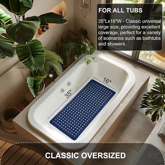 TEESHLY Bath Mat for Tub & Shower, Non Slip Soft Bathmat with Suction Cups & Drain Holes, Machine Washable Bathtub Floor Liner Mats for Bathroom, 35x16 Inch, Navy Blue