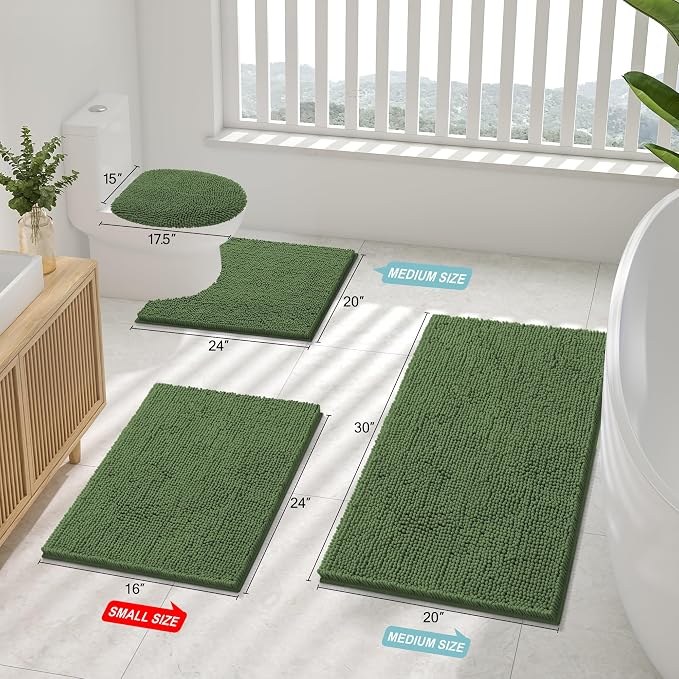 Smiry Luxury Chenille Toilet Rugs U-Shaped 20x20, Soft Absorbent Non-Slip Contour Bathroom Rugs for Toilet, Machine Washable Contoured Bath Mats, Olive Green