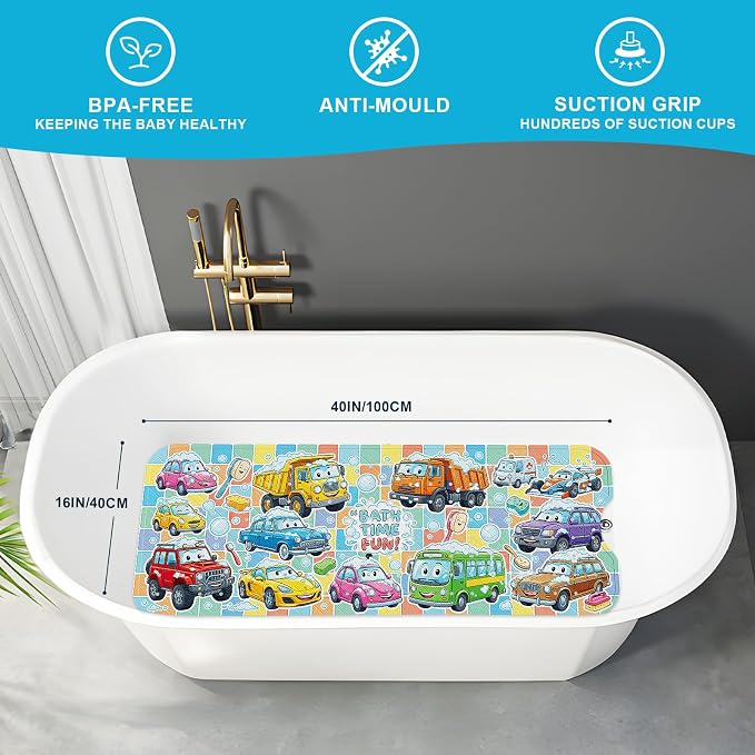 XIYUNTE Baby Bath Mat for Tub Non Slip Kids, BPA Free Extra Long Bathtub Mat 40x16 with Drain Holes and 200 Suction Cups, Non Toxic Machine Washable Toddler Bath Mat, Eco-Friendly Certified