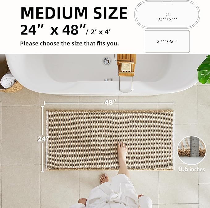 TYUU Waffle Bath Mat, Boho Bathroom Rugs Non Slip Washable Super Absorbent Quick Dry Bath Mat Farmhouse Bathroom Decor, 48"x24" Khaki and White