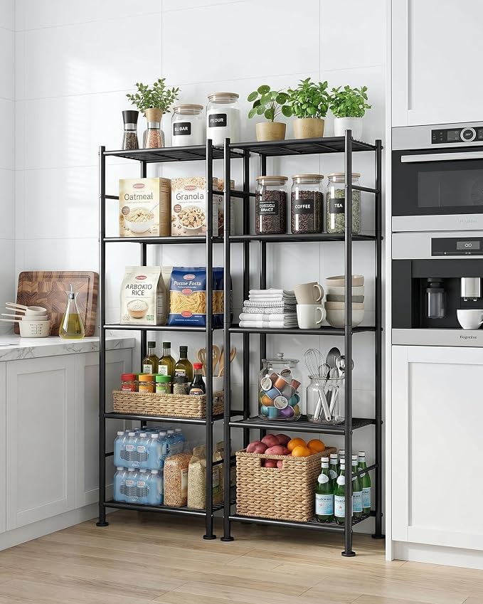 Sakugi Storage Shelves - Set of 2, 5-Tier Metal Shelf Organizer, Space-Saving Garage Shelving with Leveling Feet, Standing Shelves Organizer for Kitchen, Laundry, Pantry (18.4" x 12.6" x 57.4", Black)