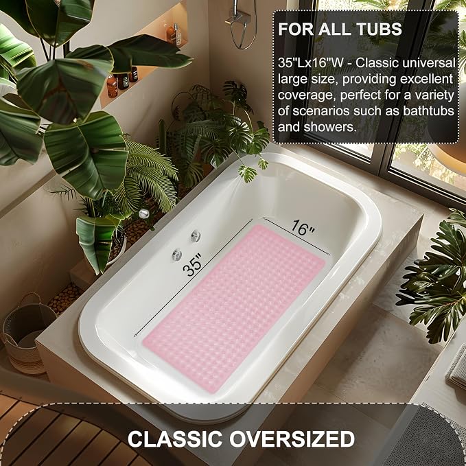 TEESHLY Bath Mat for Tub & Shower, Non Slip Soft Bathmat with Suction Cups & Drain Holes, Machine Washable Bathtub Floor Liner Mats for Bathroom, 35x16 Inch, Clear Pink