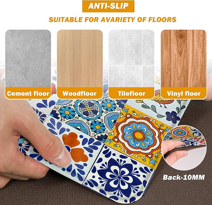 weesire Boho Kitchen Rugs Set 2 Pieces Memory Foam Colorful Ceramic Comfort Tile Floor Mat Anti Fatigue Non-Skid PVC Runner Rug Water & Oil Proof Carpet for Kitchen Laundry Sink,17.3x28+17.3x47 Inch