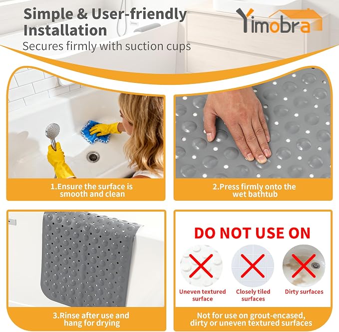 Yimobra 2-Pack Non Slip Bathtub Mat 40 x 16 Inch, Extra Long Shower Mat with Drain Holes, Machine Washable Baby Bath Mats, Strong Suction Cups for Bathroom Floor, Grey