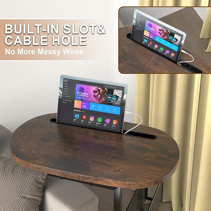 Fashion TV Tray Table with Large Tabletop, Adjustable Sofa Table with Storage Baskets, Strong Metal Frame, Tv Dinner Tray Table for TV Watching, Meals, Snacks (Oval, Brown, 16.93inch x 12.6inch)