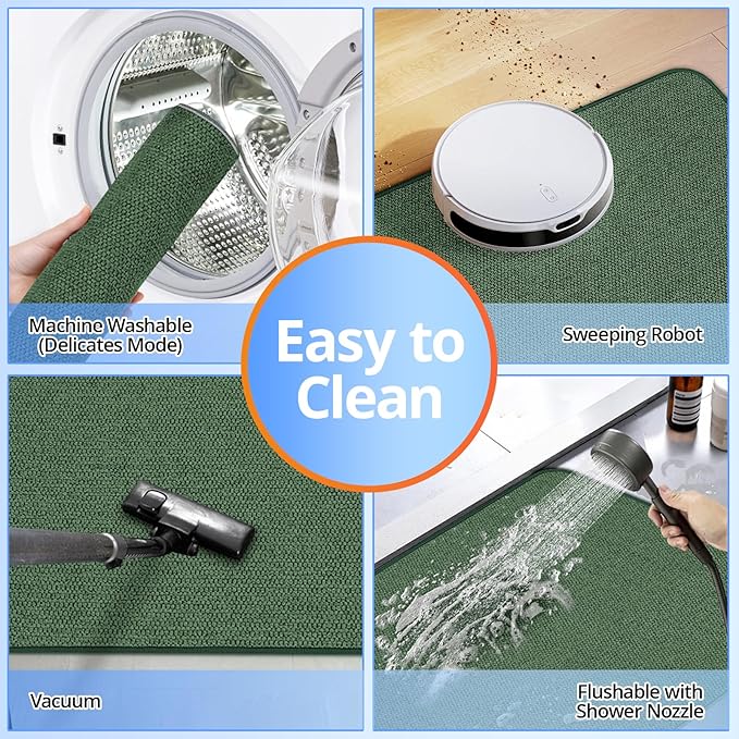 HOMTEB Bath Mat 17x27Inch, Thin Bath Mats Rugs with Rubber Backing Non-Slip, Absorbent,Quick Dry Machine Washable, Home Decor Accessories Cozy Cloth Bathroom Rugs fit Under Door/Sink/Tub-Green