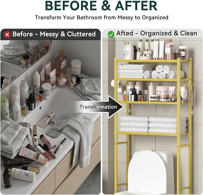 GloTika 4-Tier Over The Toilet Storage, 200lb Total Capacity Metal Bathroom Organizer with 36" Clearance, Includes Paper Holder & 4 Hooks, Space Saving Rack for Bathroom Laundry Room (64" H, Gold)