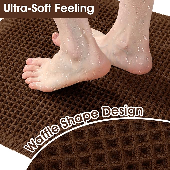 Extra Large Waffle Bath Mat, Boho Woven Modern Bath Rug Absorbent Non Slip, Ultra Soft Bathroom Mats, Machine Washable Knit Bath Rugs with Herringbones for Bathroom, Bedroom,Kitchen,Tub, 5'x2', Brown